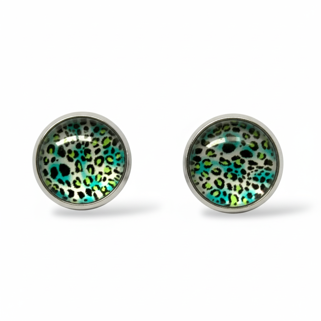 Animal Print Stud Earrings – Rhodium Plated Silver Colour, Everyday Jewellery Blue Leopard