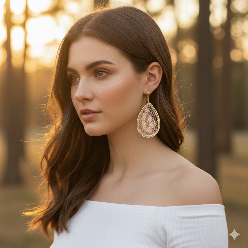 Pink Lace Woven Flower Gold Teardrop Earrings