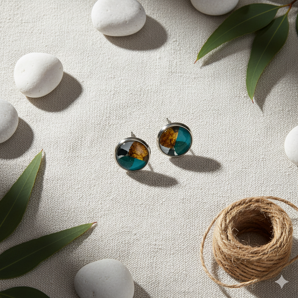 Geometric Glass Cabochon Stud Earrings 12mm | Colourful Artwork Design Silver Plated