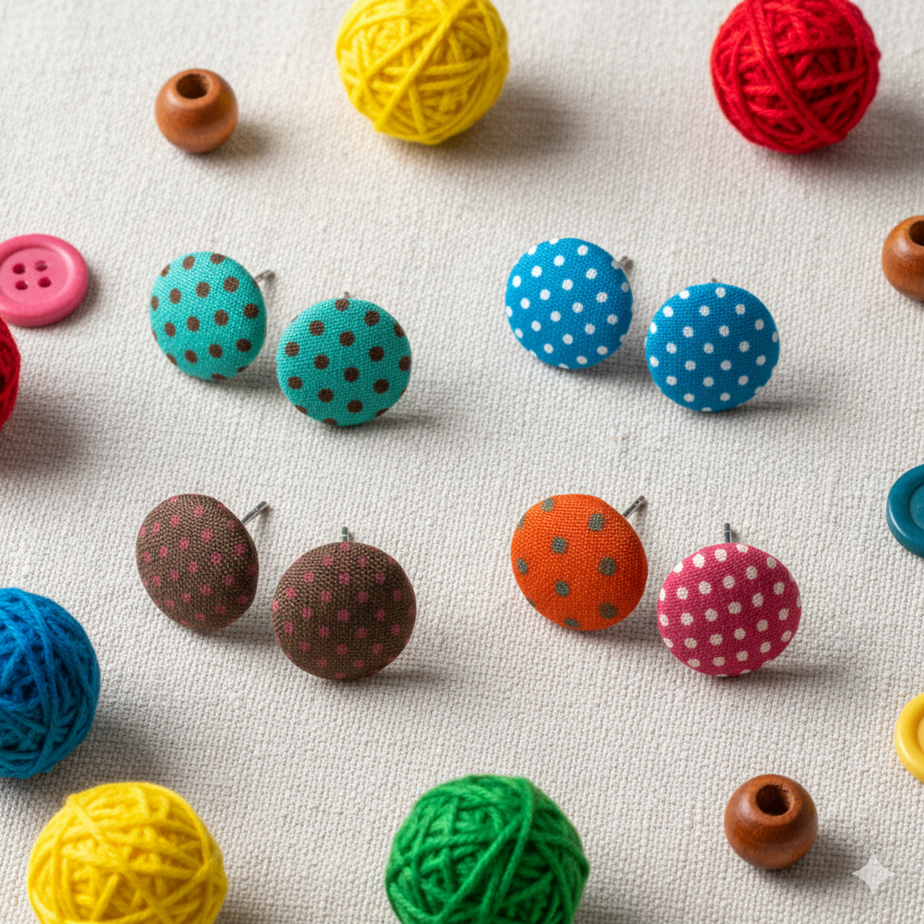Polka Dot Fabric Button Stud Earrings 12mm Stainless Steel Handmade Colourful Jewellery