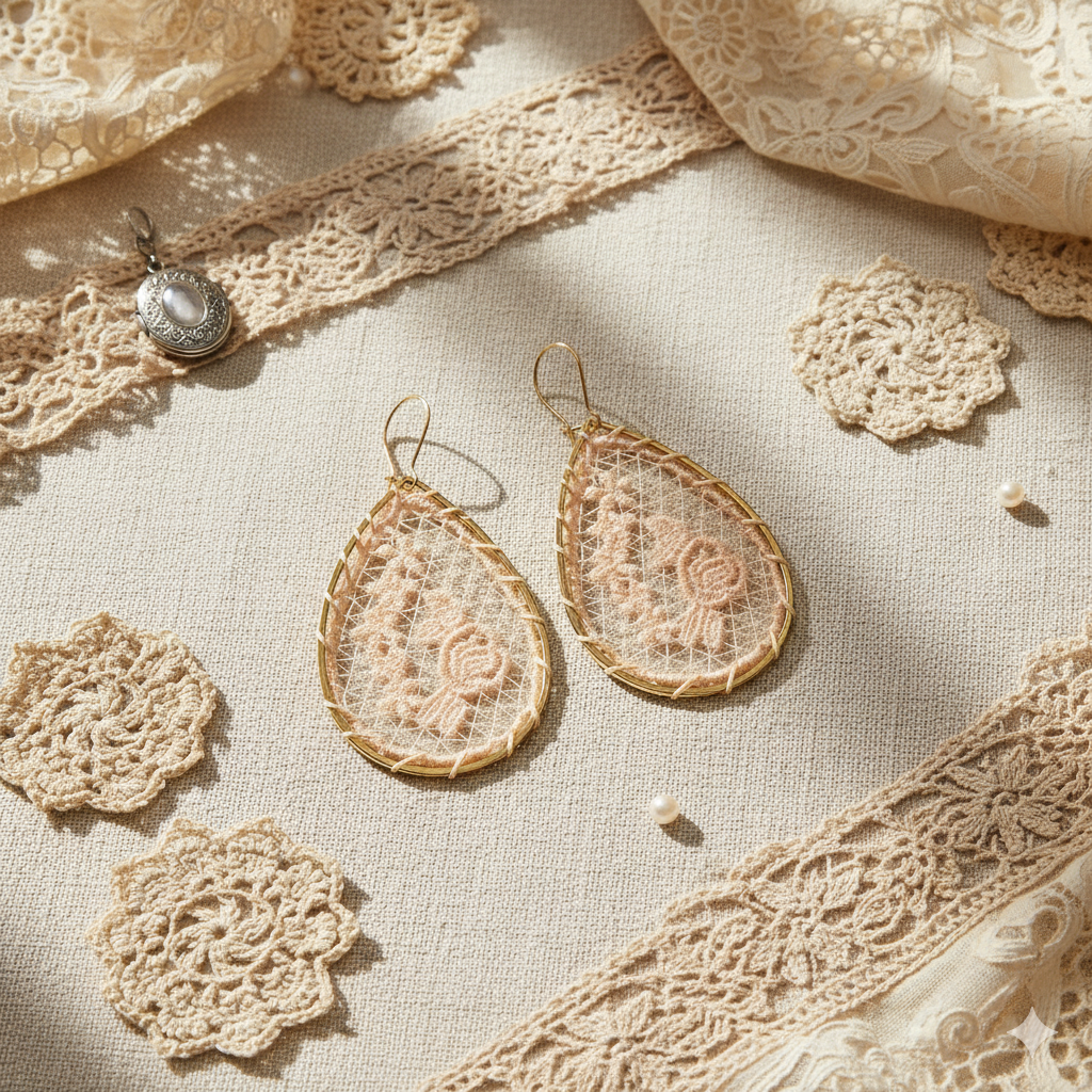 Pink Lace Woven Flower Gold Teardrop Earrings