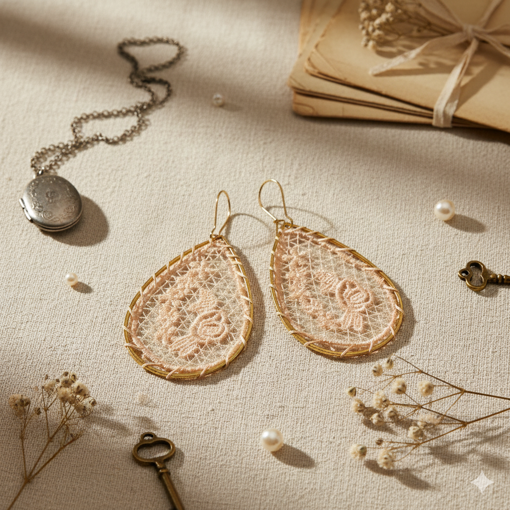 Pink Lace Woven Flower Gold Teardrop Earrings
