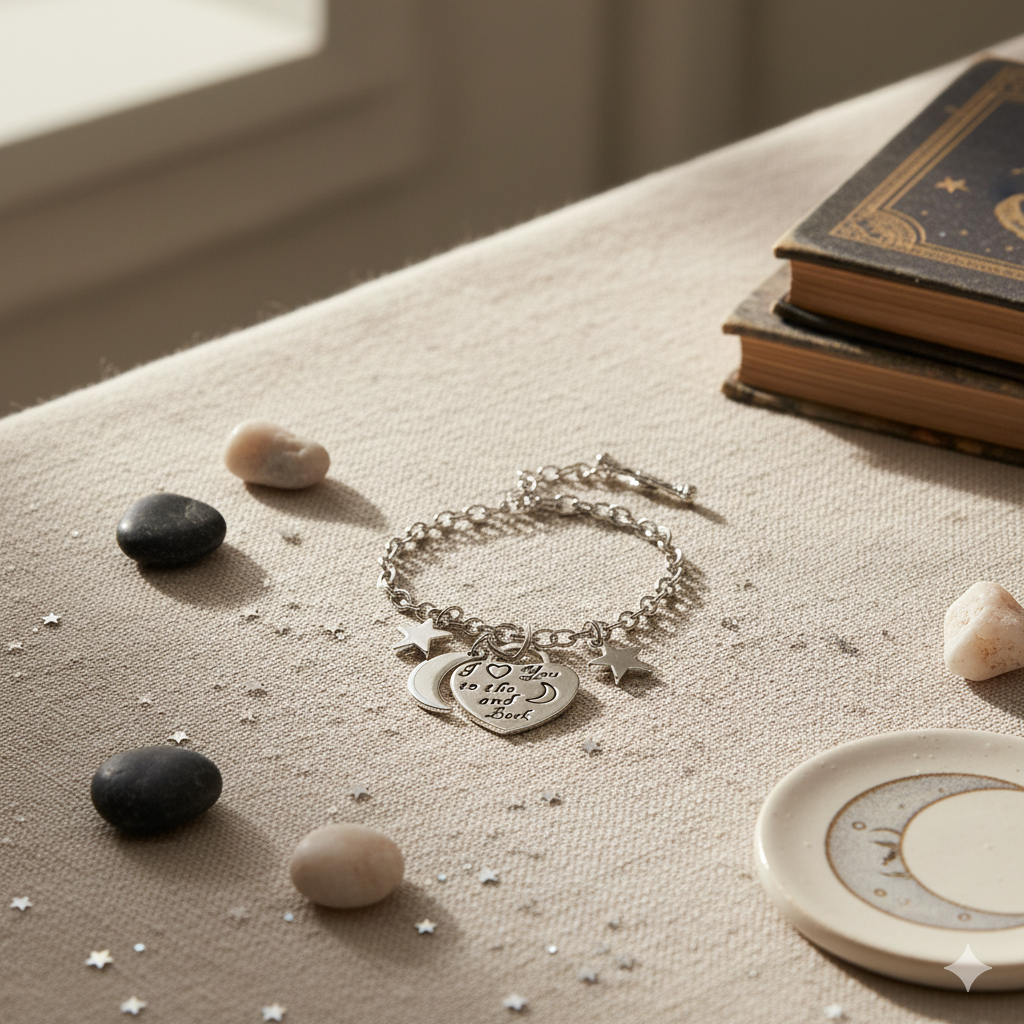 “I Love You to the Moon and Back” Silver Bracelet – Heart, Moon & Star Charms