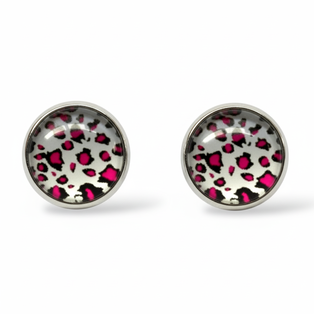Animal Print Stud Earrings – Rhodium Plated Silver Colour, Everyday Jewellery Pink Leopard