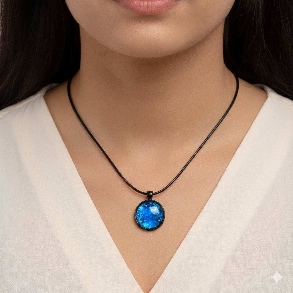 Snowflake Glass Dome Necklace – 25mm Pendant on Black or Silver Base Rope Chain