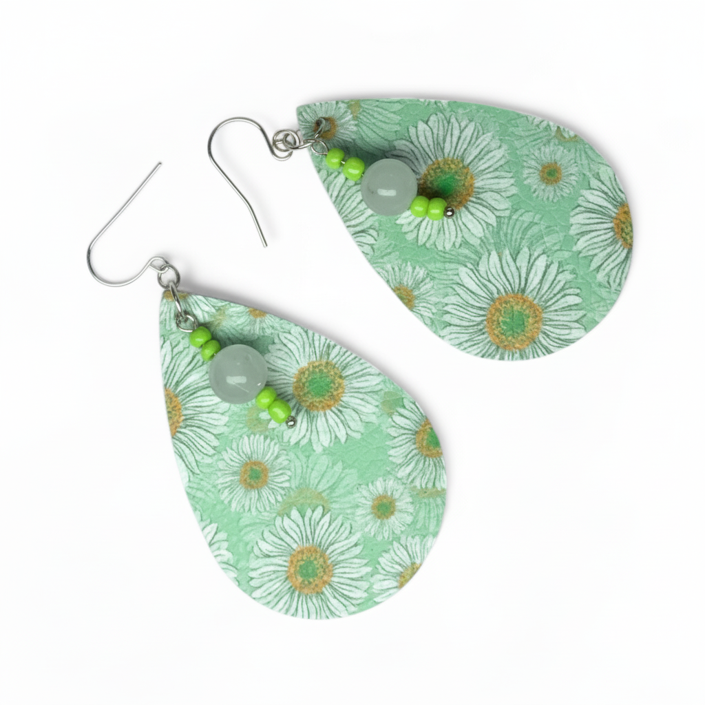 Handmade Sunflower Teardrop Earrings – Lightweight Faux Leather Dangles with Silver Hooks