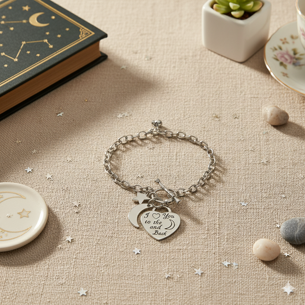“I Love You to the Moon and Back” Silver Bracelet – Heart, Moon & Star Charms