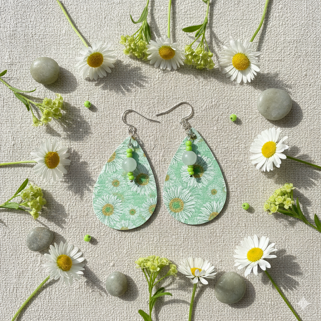 Handmade Sunflower Teardrop Earrings – Lightweight Faux Leather Dangles with Silver Hooks