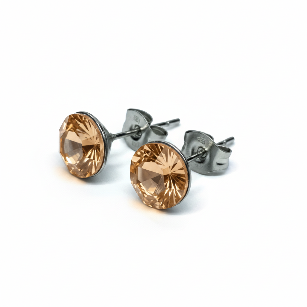 Crystal Stud Earrings – Stainless Steel with Pointed-Back Glass Crystals Peach