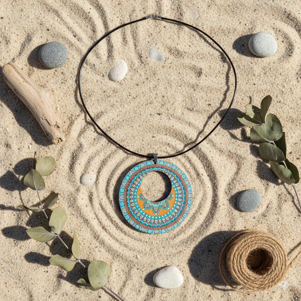 Boho Wooden Pendant Necklace – Printed Design with Black Nylon Chain