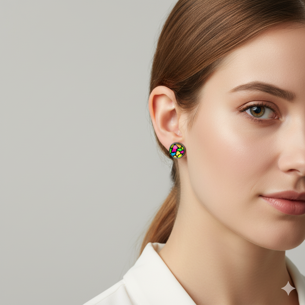 Colourful Stained Glass Style Stud Earrings – Vibrant Rainbow Pattern, Stainless Steel