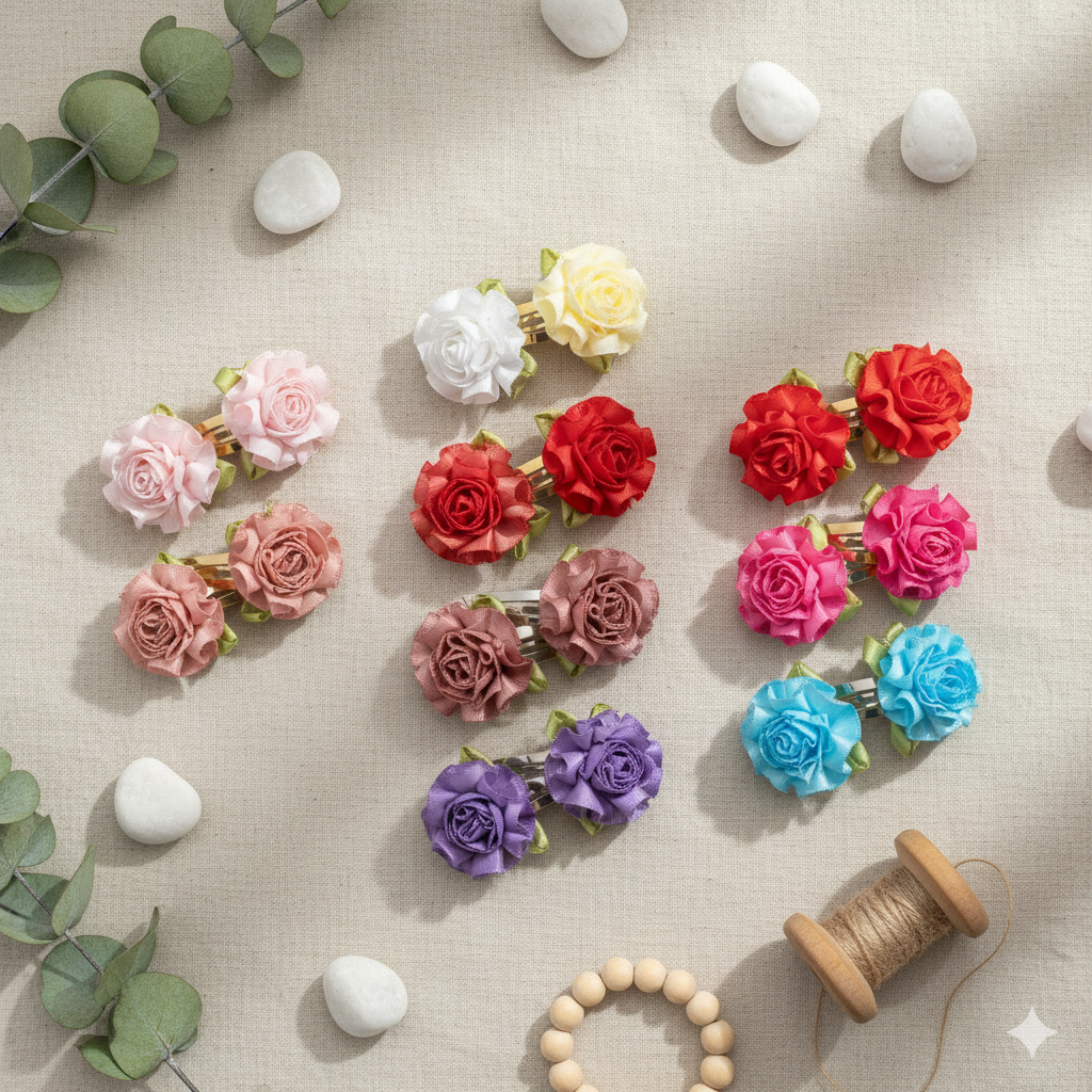 Flower Hair Clips Set of 2 | 25mm Ribbon Rose on Gold or Silver Snap Clips