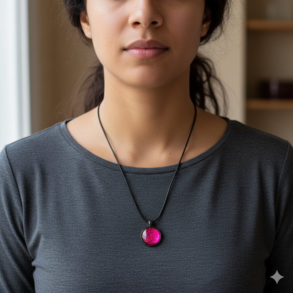 Hot Pink Glitter Resin Dome Necklace – 25mm Pendant on Black Rope Chain