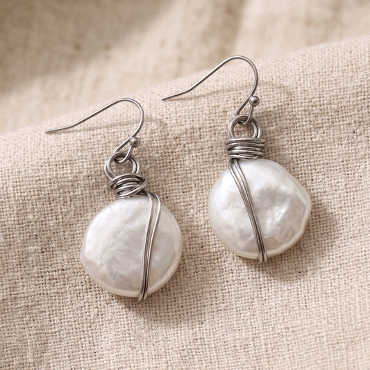 Wire Wrapped Pearl Drop Earrings | Freshwater Coin Pearl Dangles