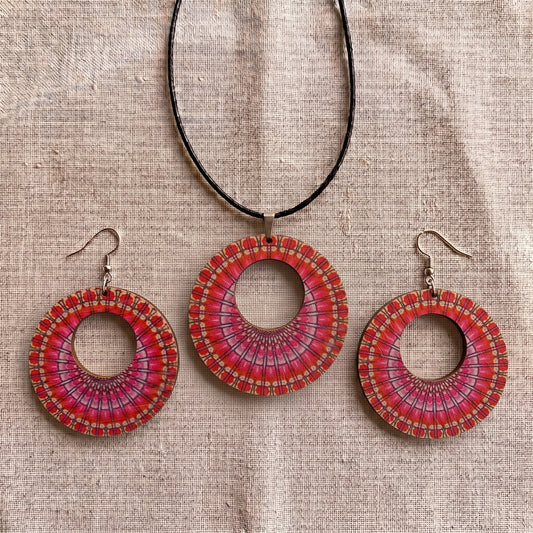 Boho Wooden Necklace & Earrings Set – Style 13, Handmade Matching Printed Wood Jewellery