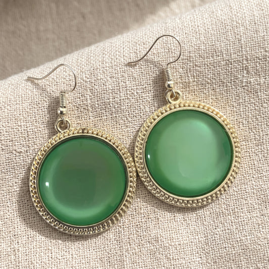 Sage Green 30mm Glass Dangle Silver Earrings – Handmade Boho Drop