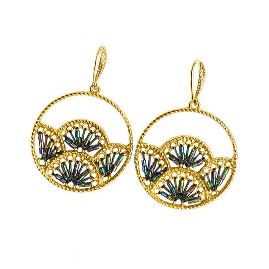 Woven Fan Drop Earrings, Handmade Black Seed Bead Statement Piece