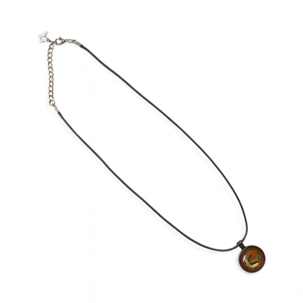 Brown Marble Stone Look Twirl Necklace – 20mm Cabochon Pendant on Black Rope Chain