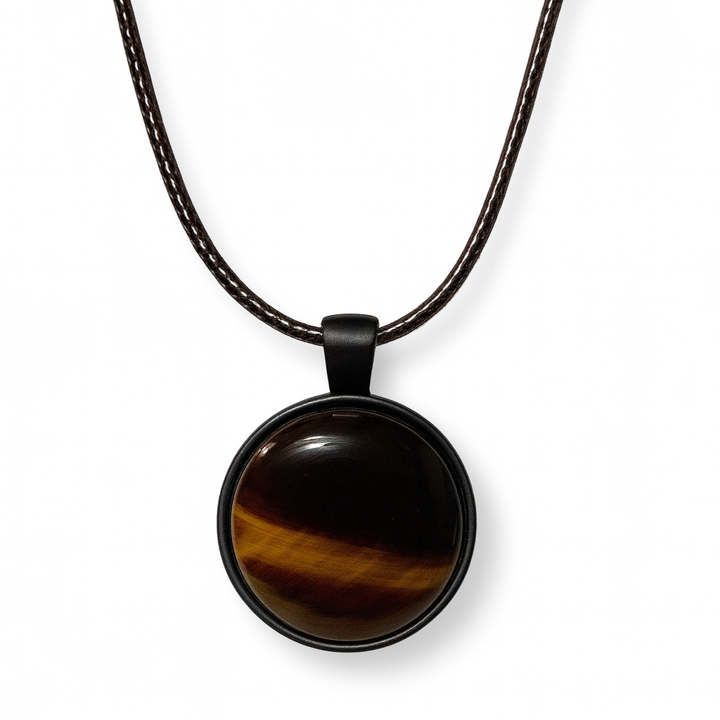 Tiger Eye Natural Stone Necklace – 20mm Brown Gem Pendant on Black Rope Chain