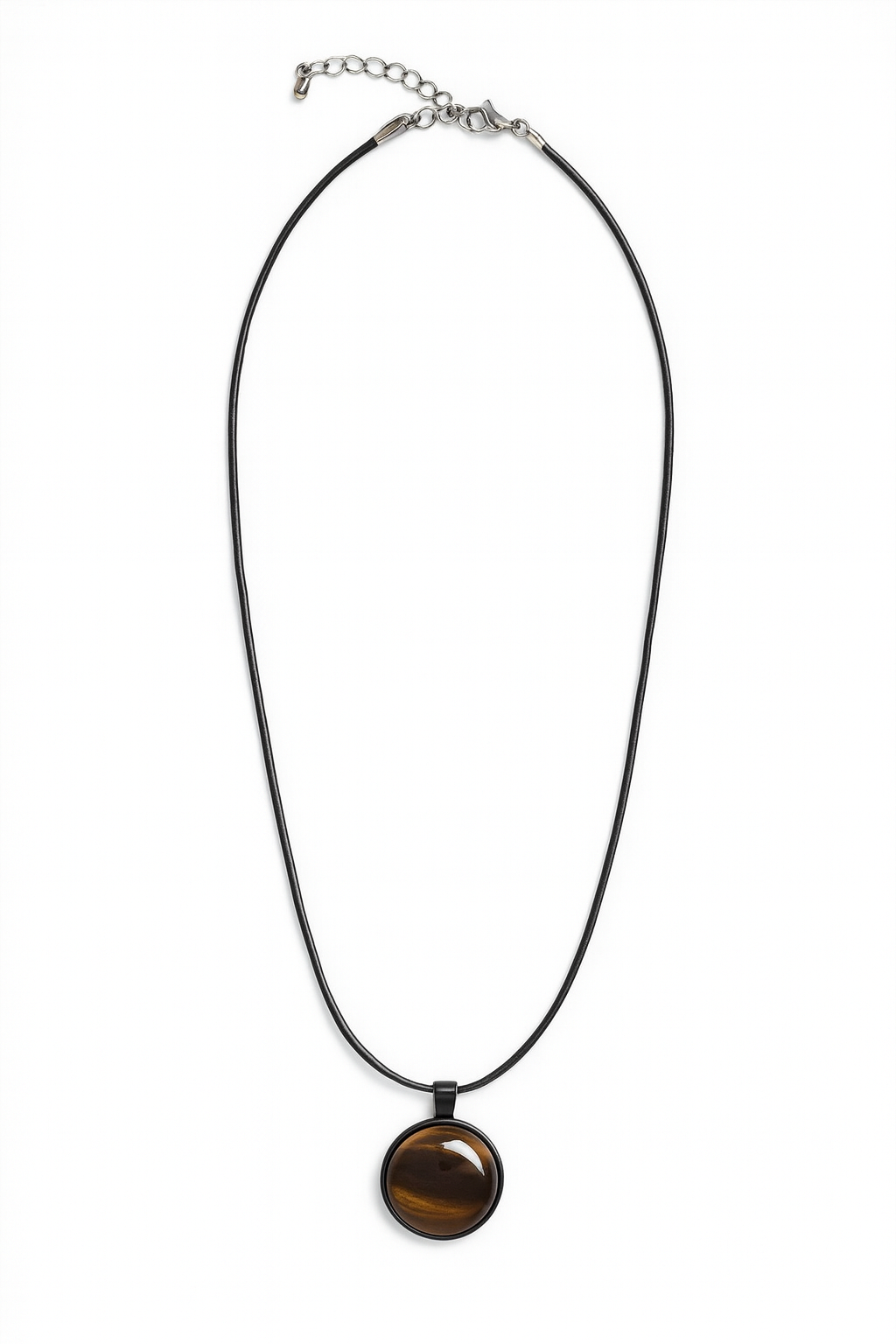 Tiger Eye Natural Stone Necklace – 20mm Brown Gem Pendant on Black Rope Chain