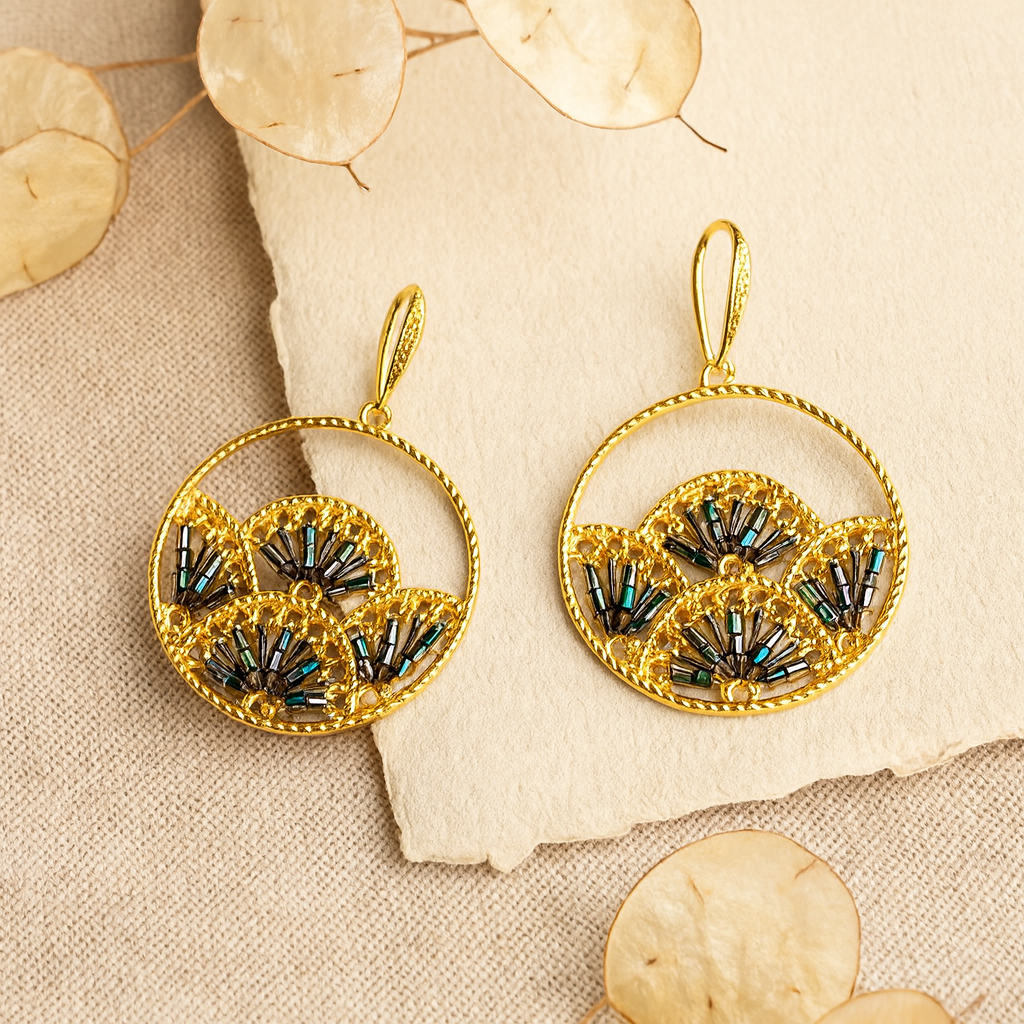 Woven Fan Earrings with Black AB Seed Beads