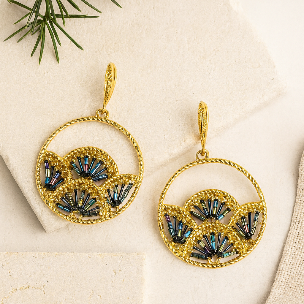 Woven Fan Earrings with Black AB Seed Beads