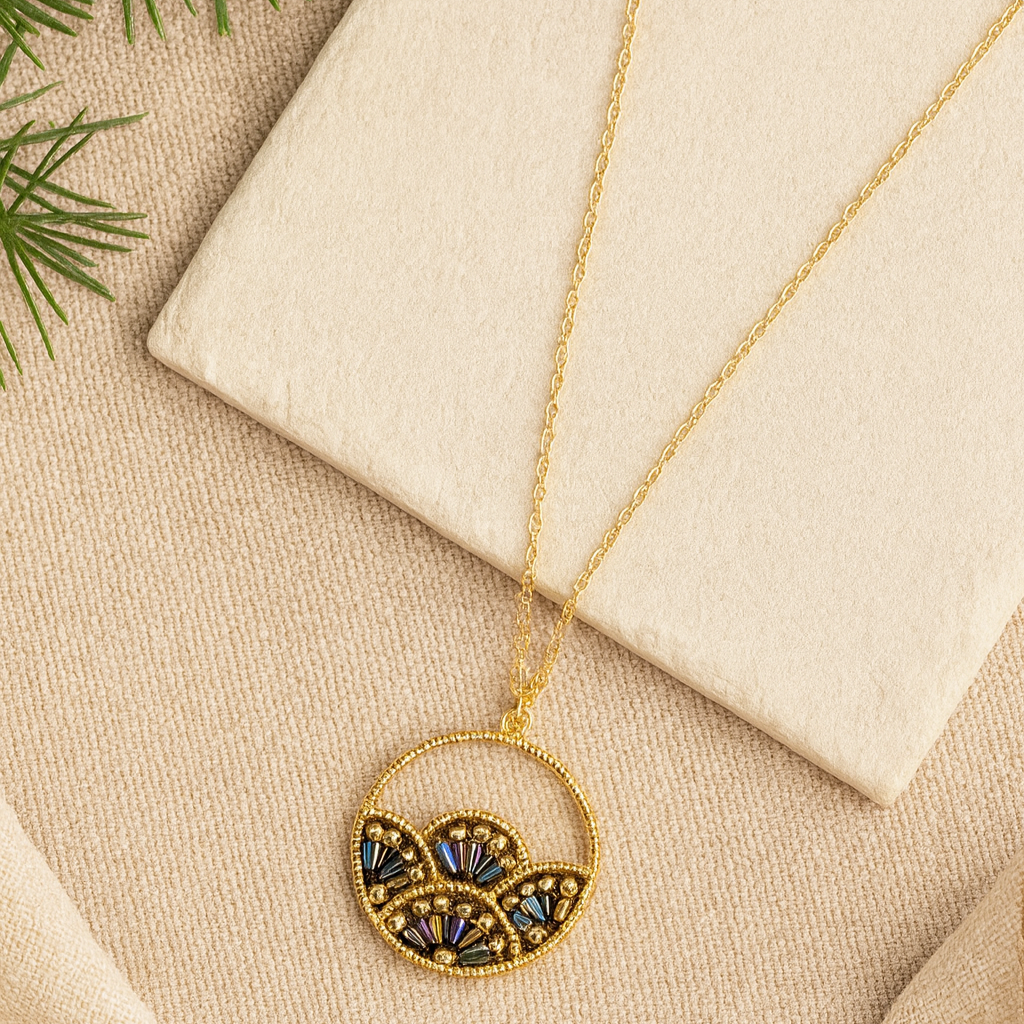 Woven Fan Necklace with Black AB Seed Beads