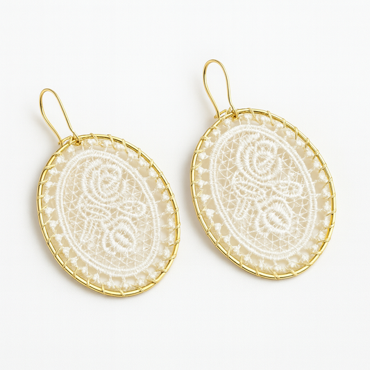 Vintage Oval Woven Lace Earrings with Floral Rose Design White