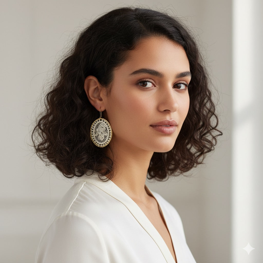 Vintage Oval Woven Lace Earrings with Floral Rose Design