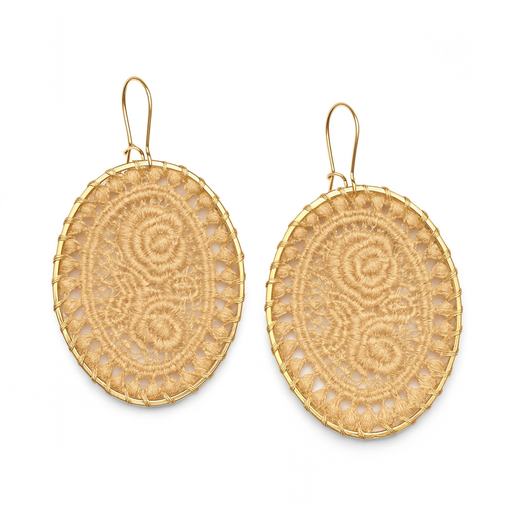 Vintage Oval Woven Lace Earrings with Floral Rose Design Beige