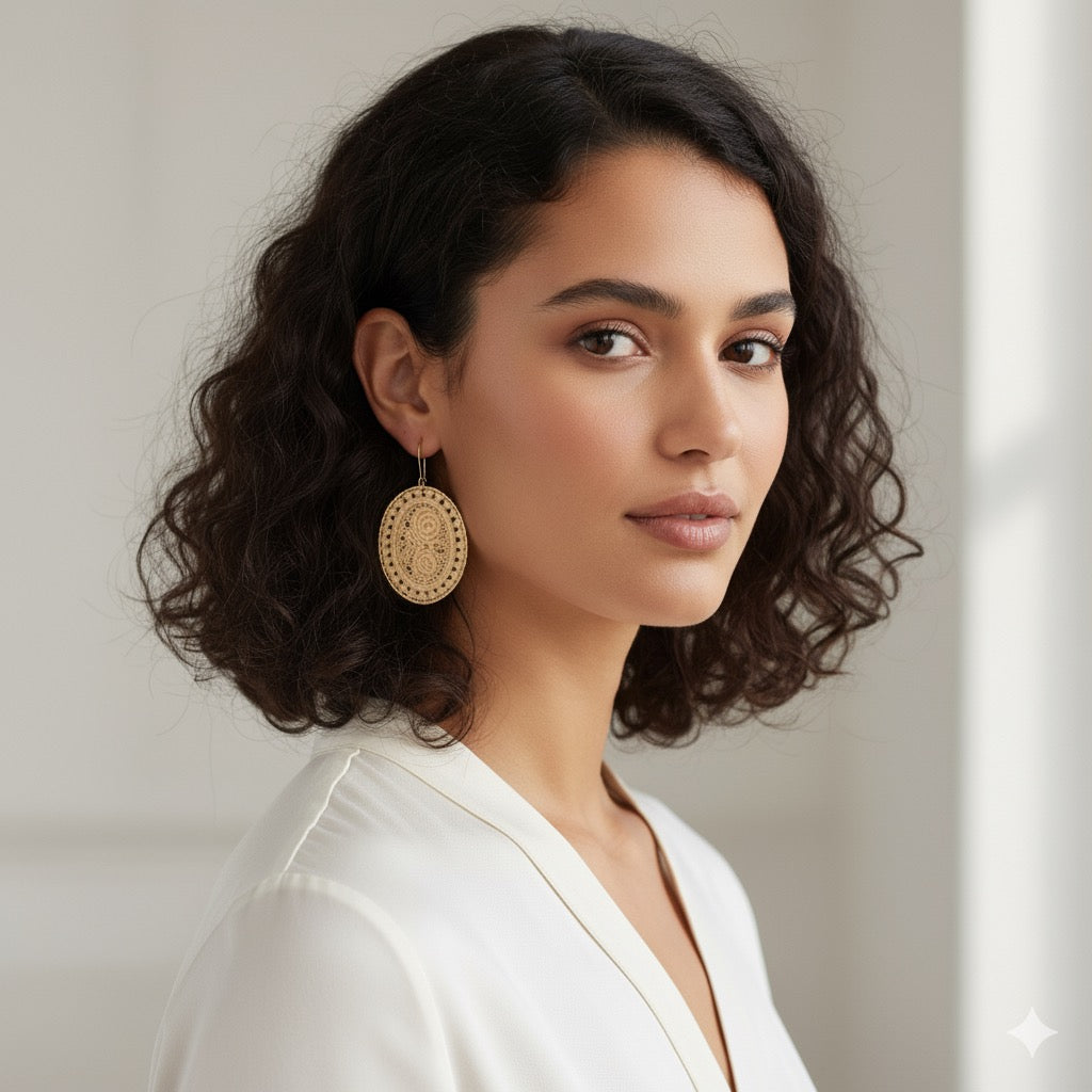 Vintage Oval Woven Lace Earrings with Floral Rose Design