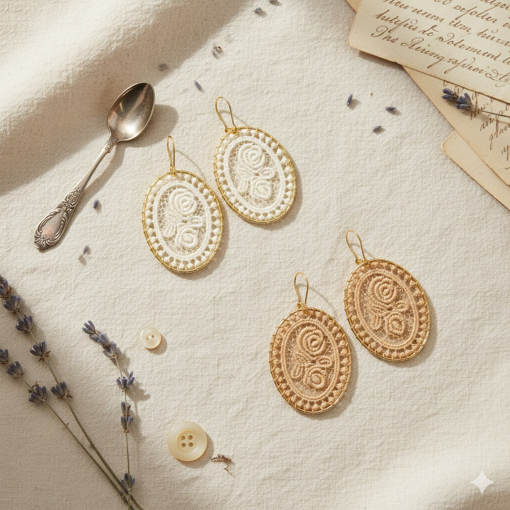 Vintage Oval Woven Lace Earrings with Floral Rose Design
