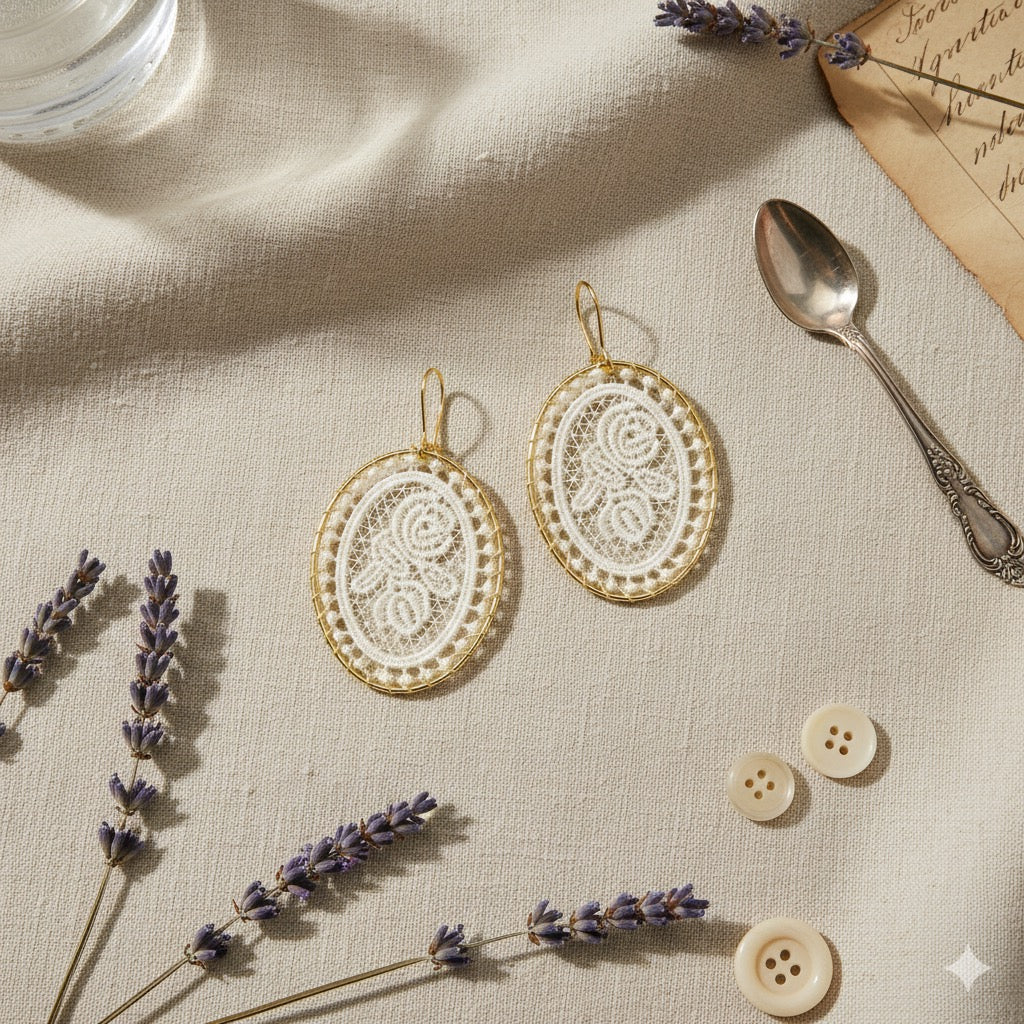 Vintage Oval Woven Lace Earrings with Floral Rose Design