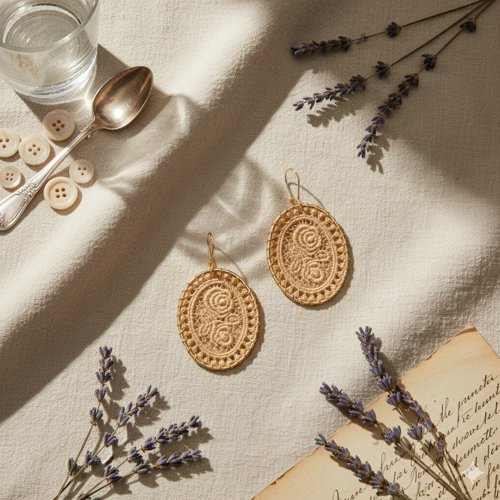 Vintage Oval Woven Lace Earrings with Floral Rose Design