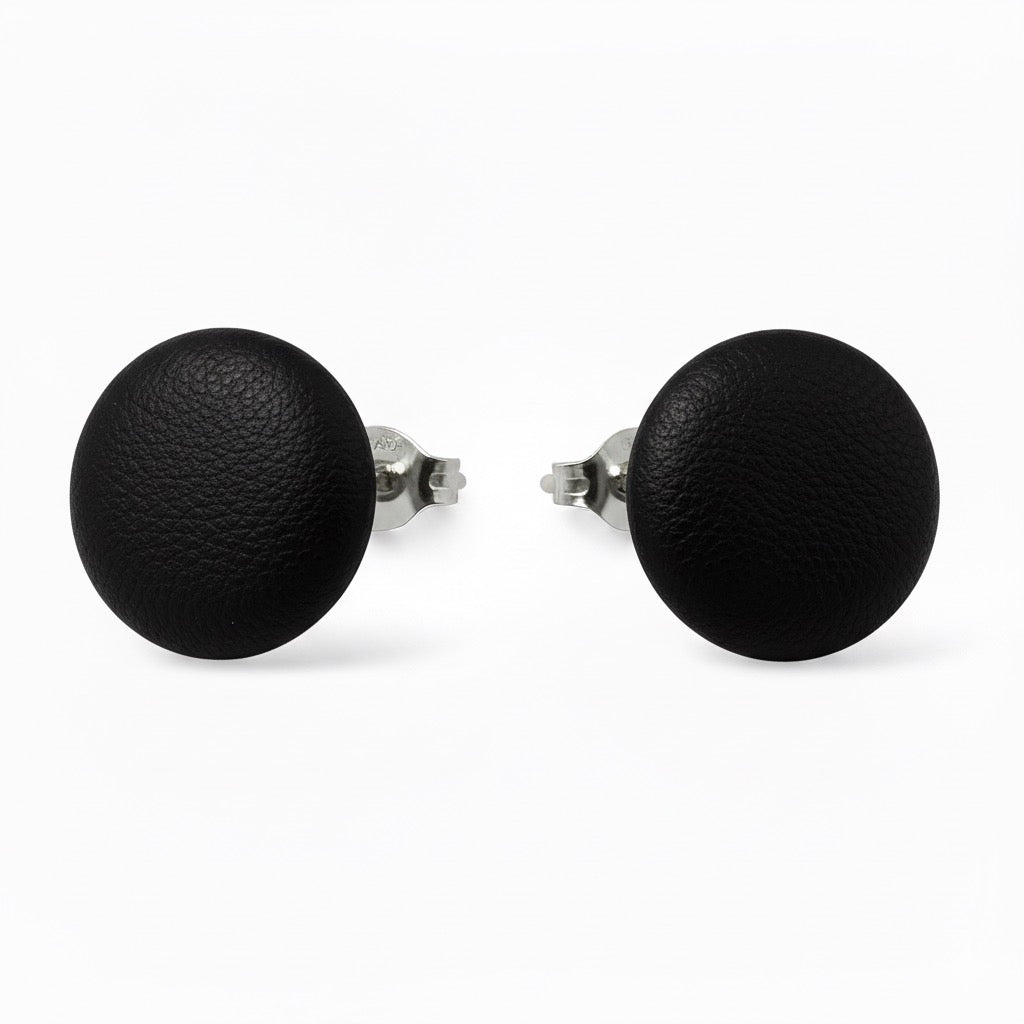 Leather Stud Earrings – Round Button Style, 14mm Handmade Jewellery Black