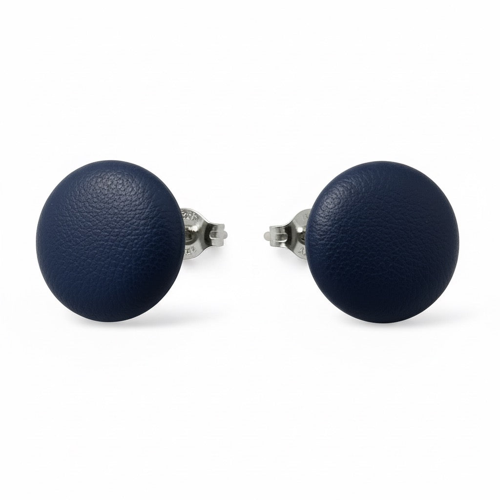 Leather Stud Earrings – Round Button Style, 14mm Handmade Jewellery Blue