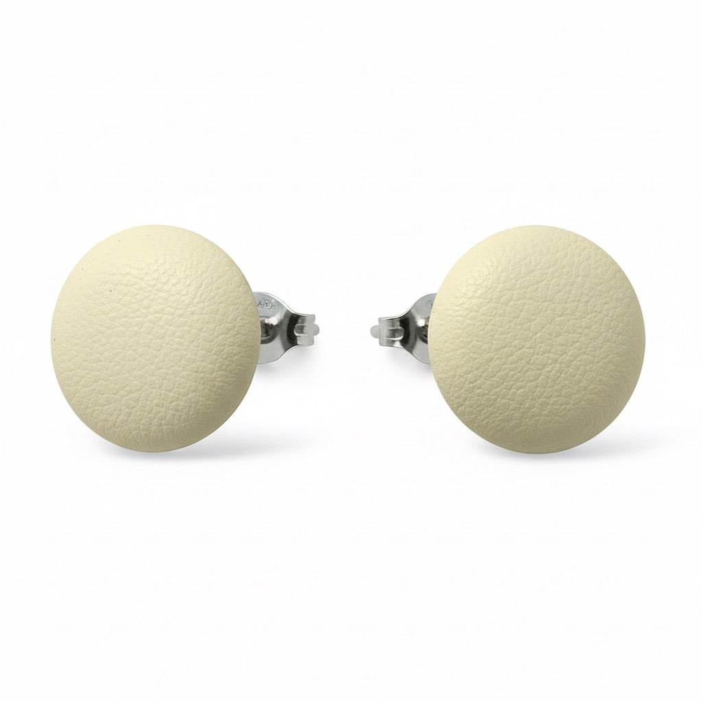 Leather Stud Earrings – Round Button Style, 14mm Handmade Jewellery White