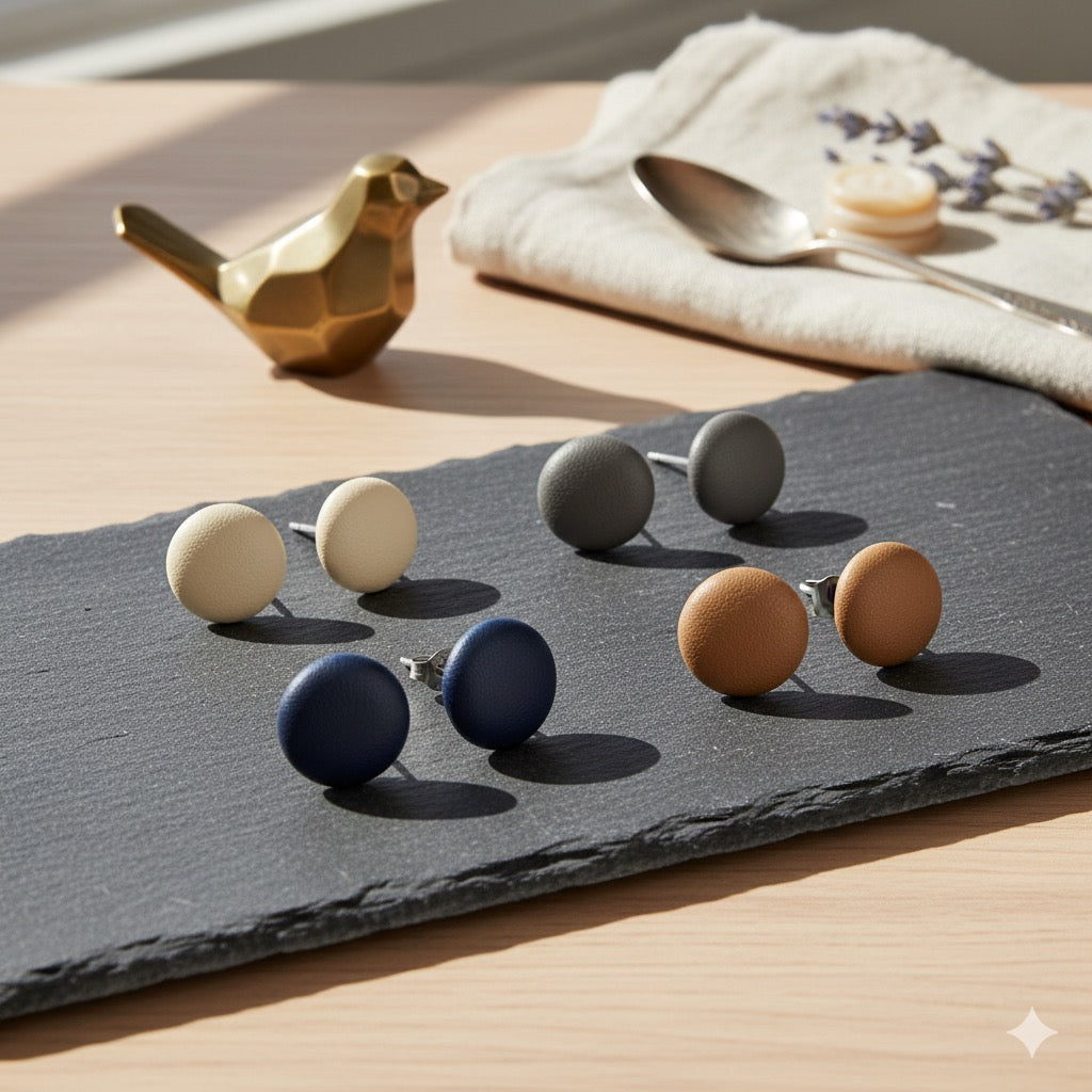 Leather Stud Earrings – Round Button Style, 14mm Handmade Jewellery
