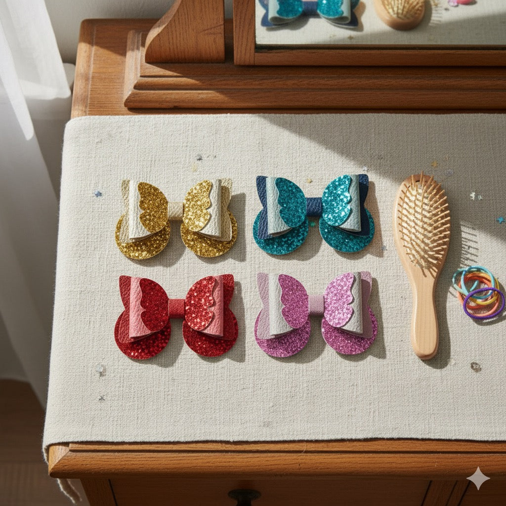 Butterfly Hair Bow PU Leather | 85mm Pebble & Glitter Design with 60mm Alligator Clip