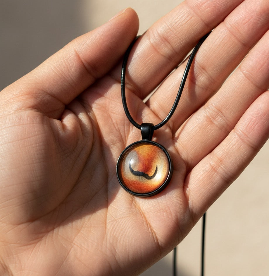 Brown Marble Stone Look Twirl Necklace – 20mm Cabochon Pendant on Black Rope Chain