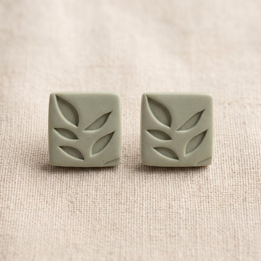 Sage Green Leaf Square Stud Earrings | Polymer Clay | 15mm | New