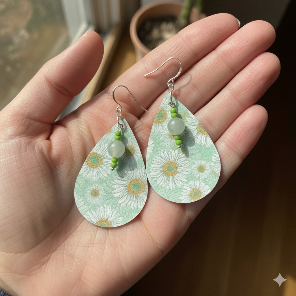 Handmade Sunflower Teardrop Earrings – Lightweight Faux Leather Dangles with Silver Hooks