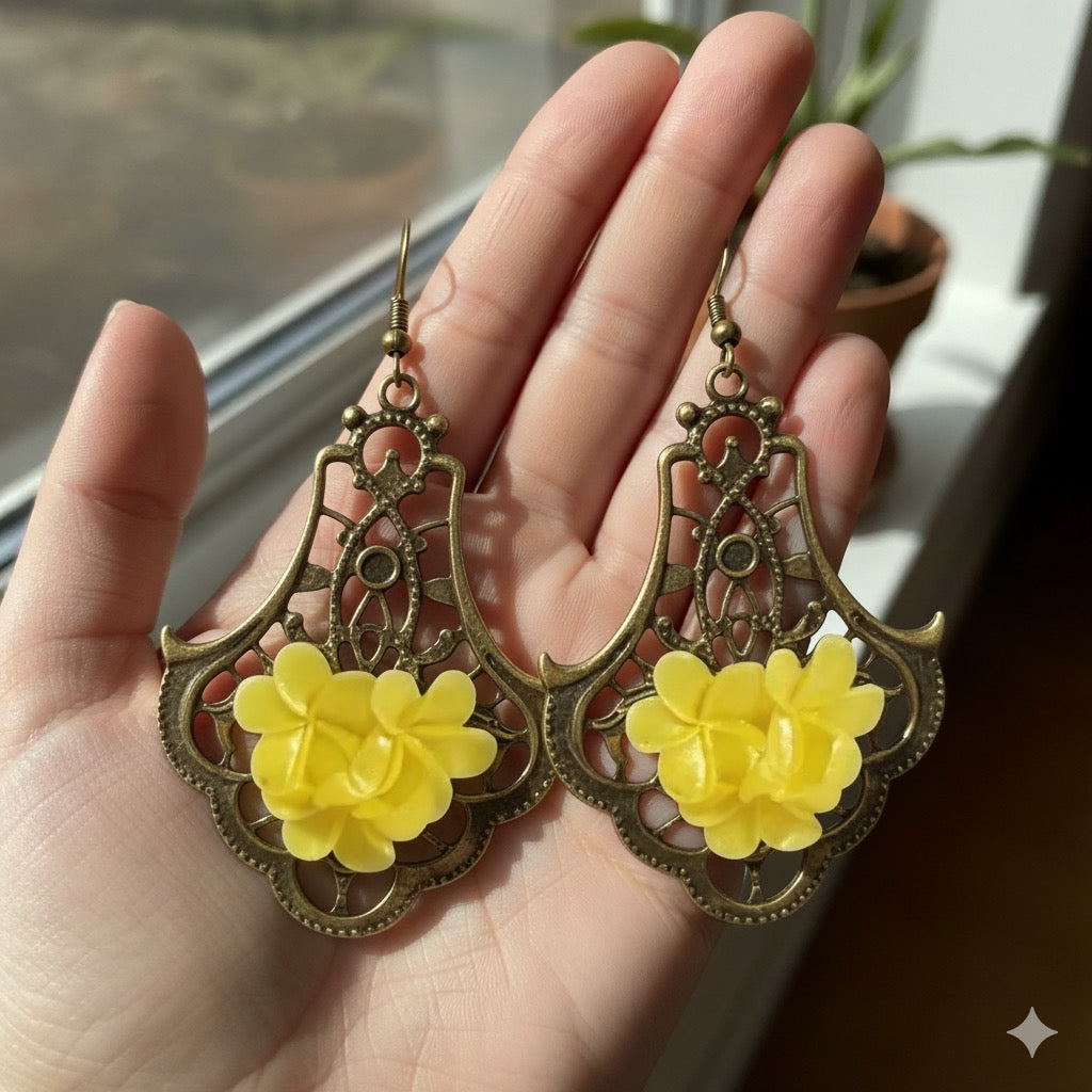 Handmade Floral 3D Antique Bronze Drop Earrings – Statement Dangle Jewellery