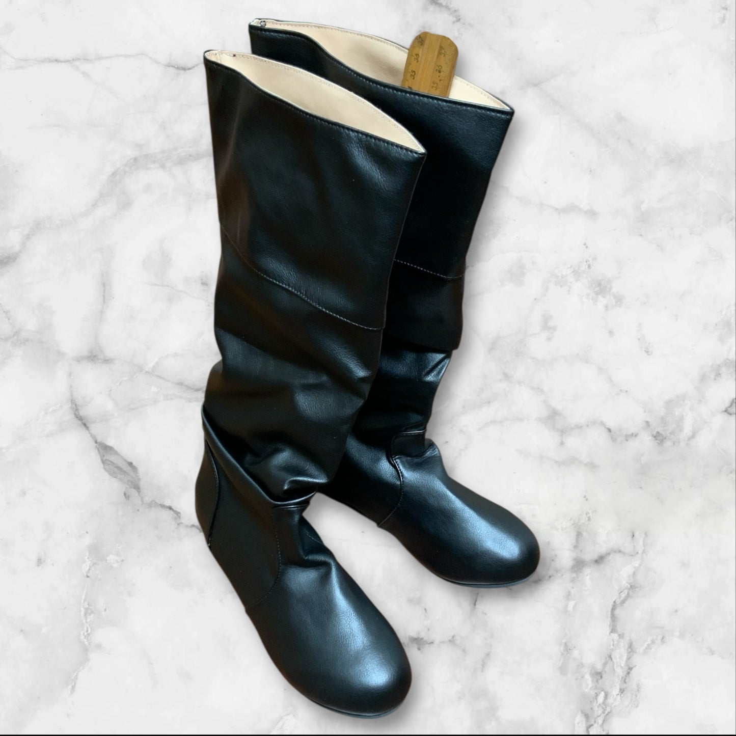 Women's Black PU Leather Knee Boots | Flat Sole | Size 8.5 | New Without Tags