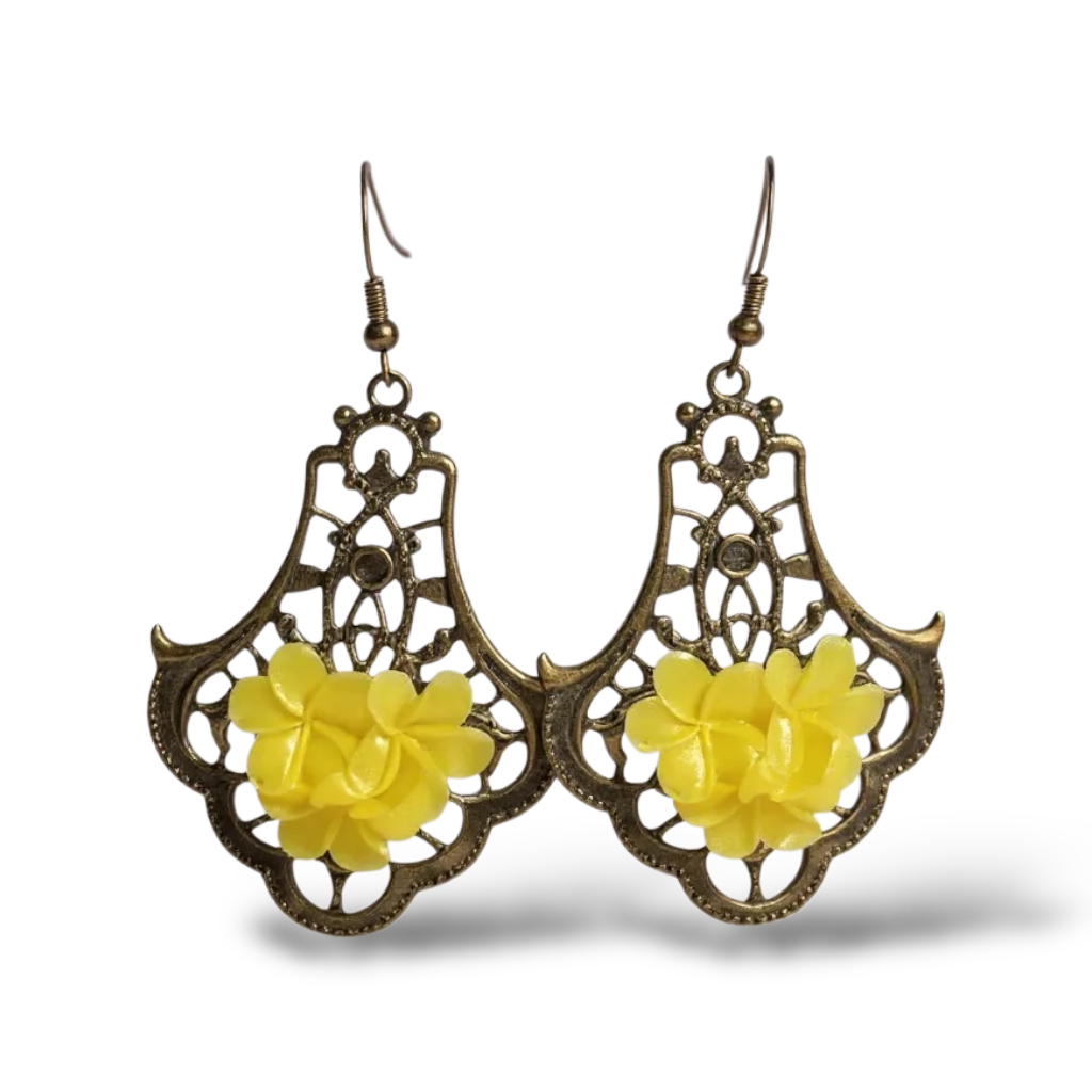 Handmade Floral 3D Antique Bronze Drop Earrings – Statement Dangle Jewellery