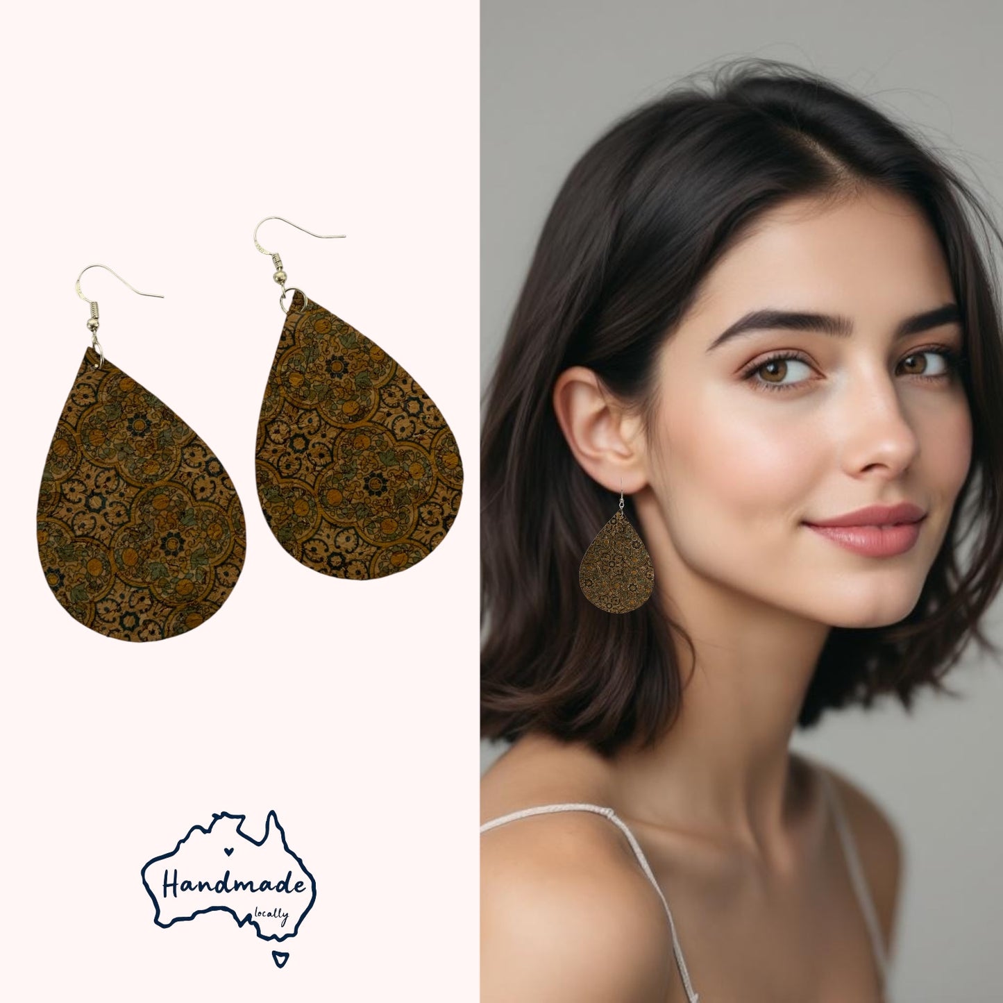 Boho Cork Teardrop Earrings – Vintage Tile Print with 925 Silver Hooks