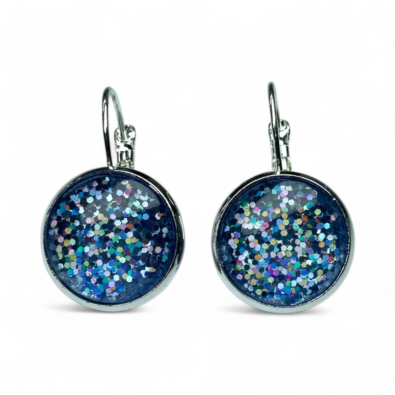 Glitter Resin Drop Earrings Silver Plated | Handmade Statement Jewellery Blue