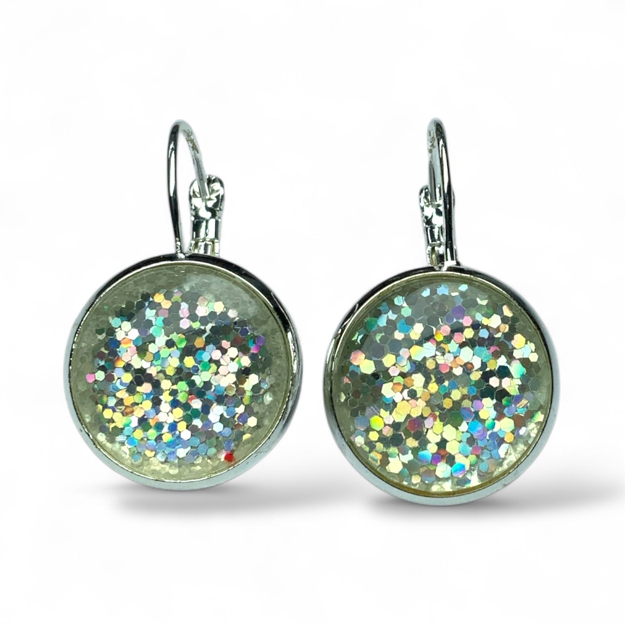 Glitter Resin Drop Earrings Silver Plated | Handmade Statement Jewellery White