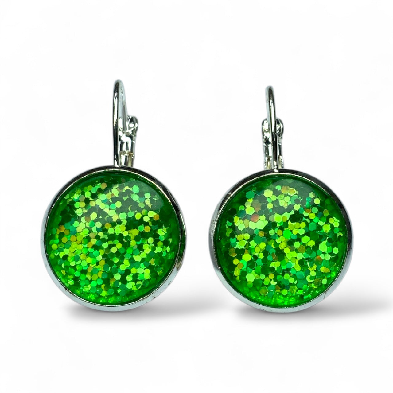 Glitter Resin Drop Earrings Silver Plated | Handmade Statement Jewellery Green