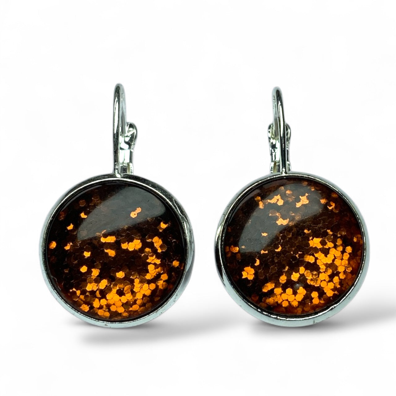 Glitter Resin Drop Earrings Silver Plated | Handmade Statement Jewellery Orange